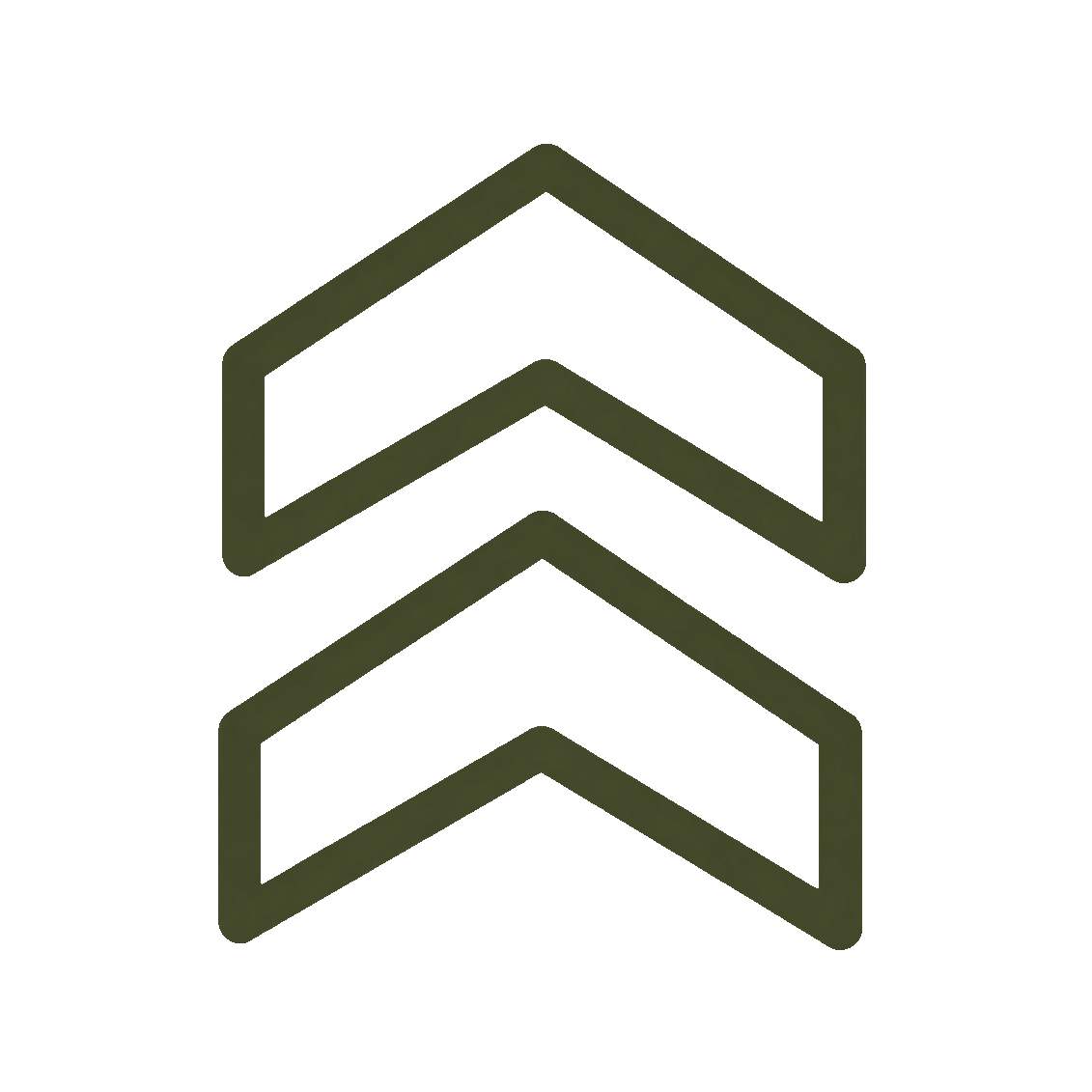 A simple dark olive-green icon of two stacked chevrons on a plain white background.