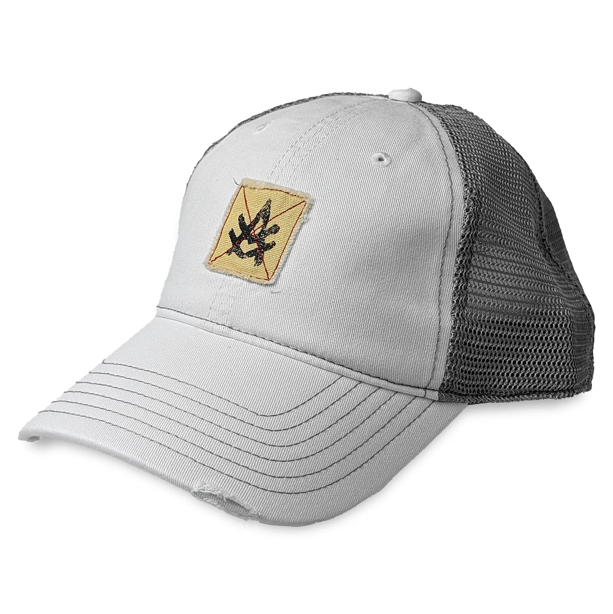 Distressed Baseball Cap - White - Front Left - Tad |color:White/Grey
