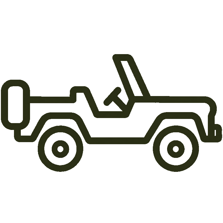 Free shipping icon showing a simple dark olive line drawing of a convertible off-road vehicle, shown in side profile on a plain white background.